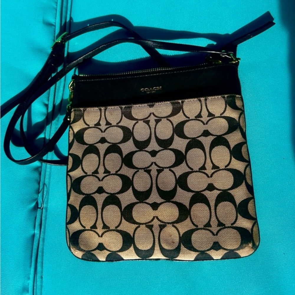 Coach Signature Black and Tan Crossbody Bag Leather Accents Top Zip